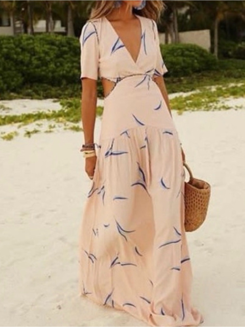 BA&SH Tiana Cutout Leaf Print Maxi Dress In Nude